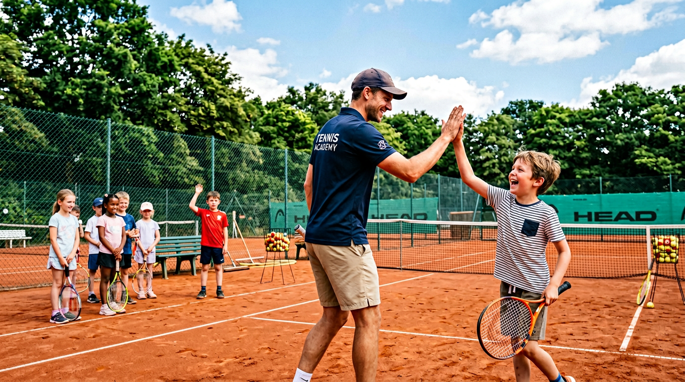 Trainer gibt Junge ein High-Five auf dem Sandplatz beim Sommertraining