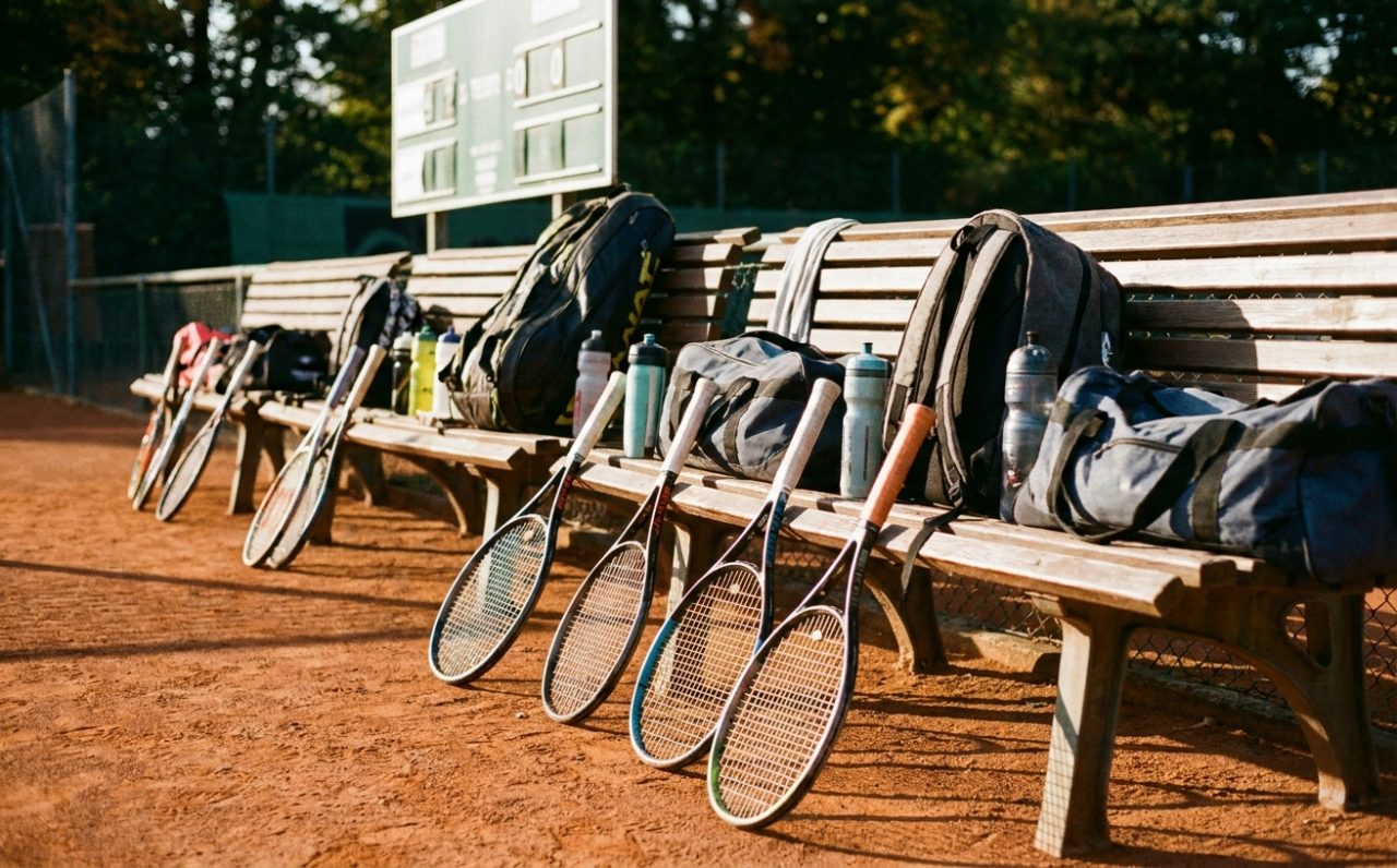 Mehrere Tennisschläger und Mannschaftstaschen auf der Spielerbank am Sandplatz vor einem Punktspiel