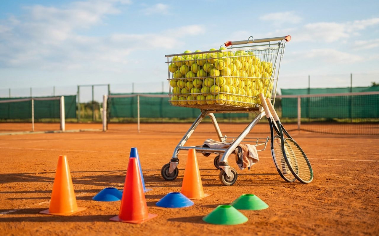Randvoller Ballwagen mit Markierungshütchen und Schlägern auf sonnigem Sandplatz – Feriencamp
