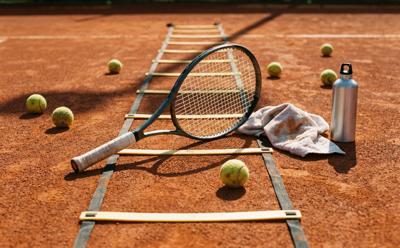 Tennisschläger an einer Koordinationsleiter auf dem Sandplatz, Handtuch und Trinkflasche daneben