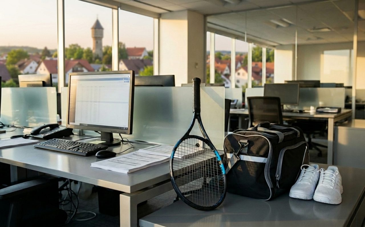 Moderner Tennisschläger, Sporttasche und Tennisschuhe stehen am Feierabend bereit auf einem Schreibtisch im Büro
