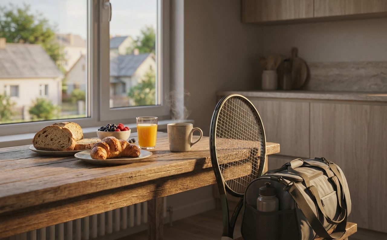 Tennisschläger und Sporttasche am Frühstückstisch in der Küche, Kaffee, Orangensaft, Brot und Croissant im Morgenlicht