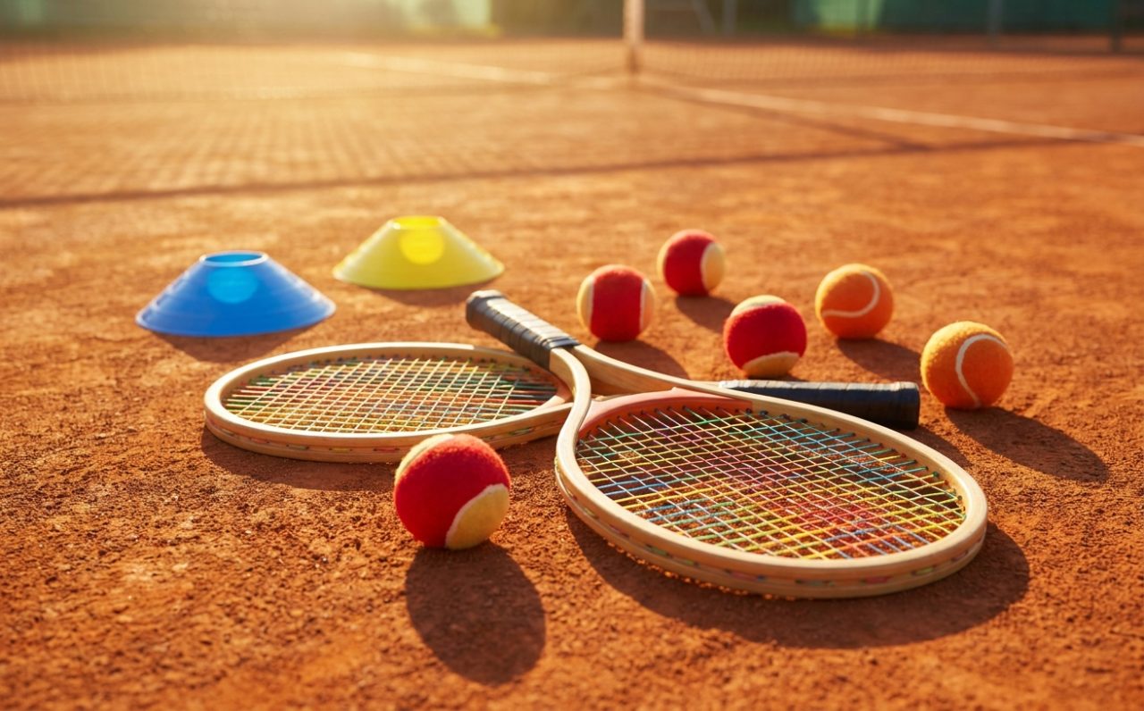 Junior-Tennisschläger, bunte Kinder-Bälle und Markierungs-Discs auf sonnigem Sandplatz