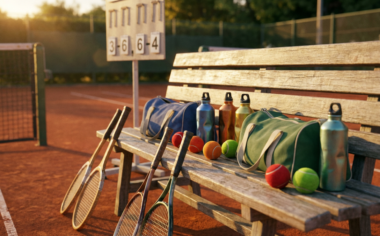 Mehrere Tennisschläger und Mannschaftstaschen auf der Spielerbank am Sandplatz