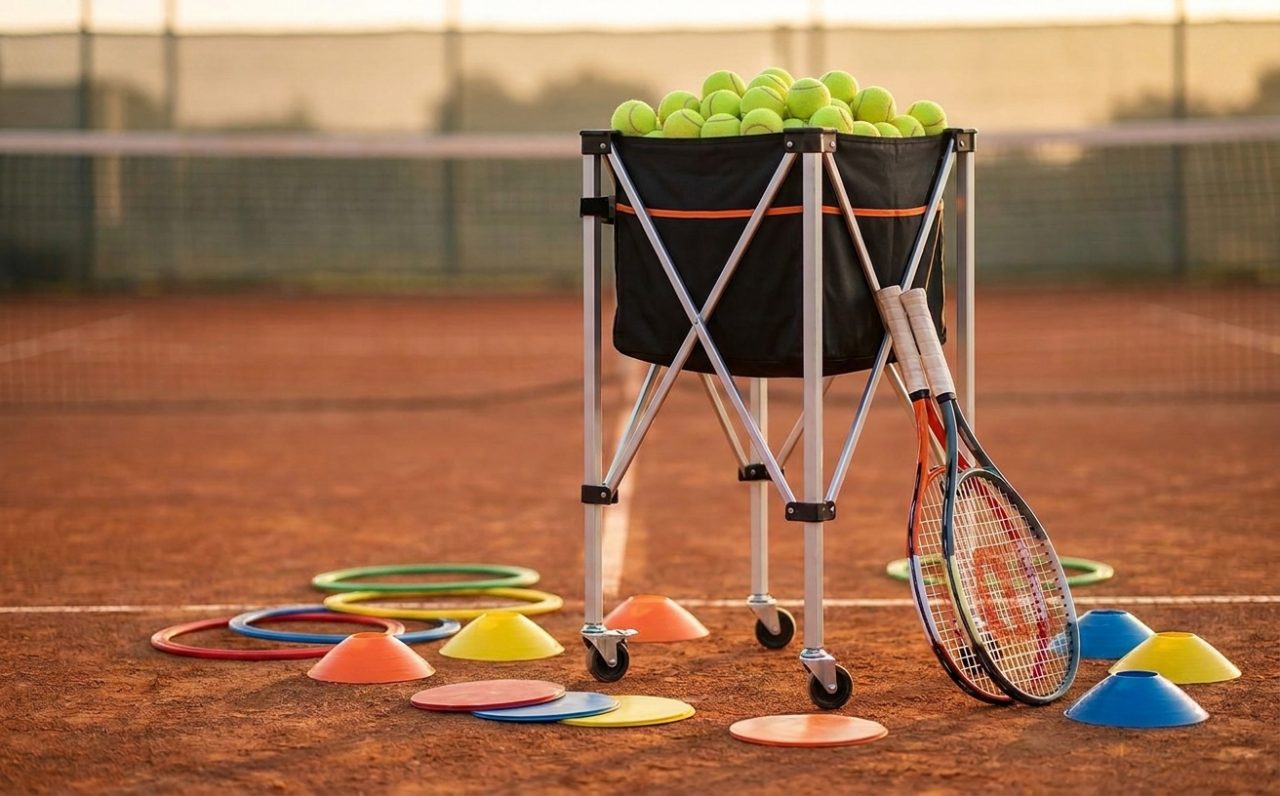 Junior-Tennisschläger, bunte Kinder-Bälle und Markierungs-Discs auf sonnigem Sandplatz