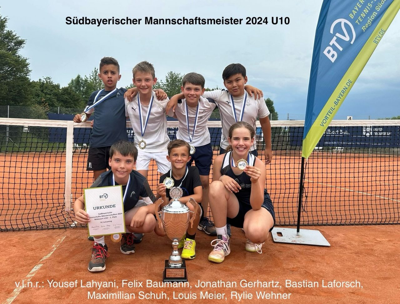 Südbayerischer Mannschaftsmeister U10 2024: Yousef Lahyani, Felix Baumann, Jonathan Gerhartz, Bastian Laforsch, Maximilian Schuh, Louis Meier, Rylie Wehner